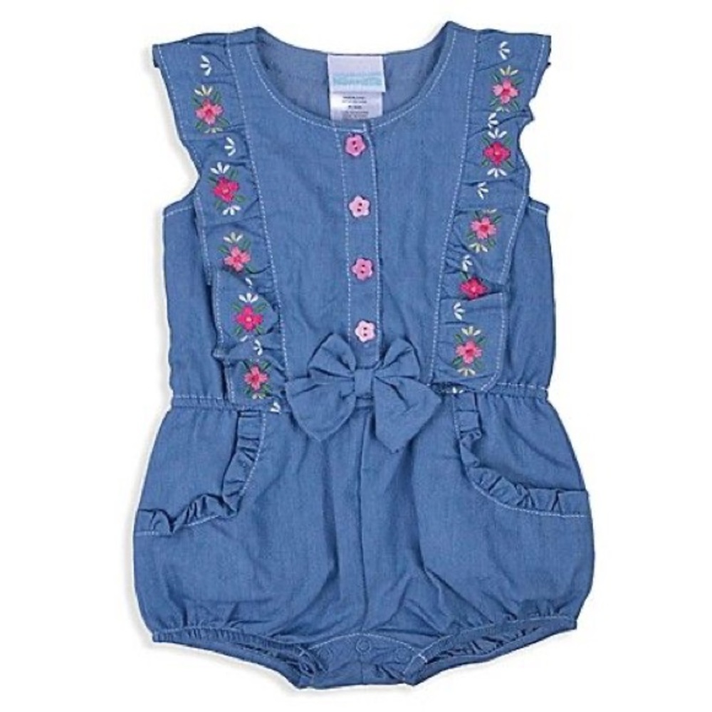 Nannette Baby Denim Flower Embroidered Romper